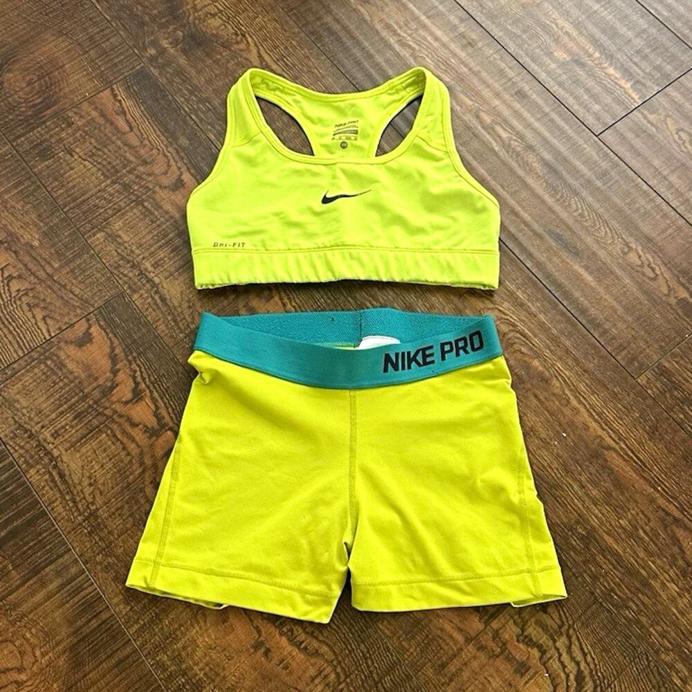 Nike Pro Dri-FIT 2-Piece Sports Bra + Shorts Set Yellow/Blue Womens XS and S